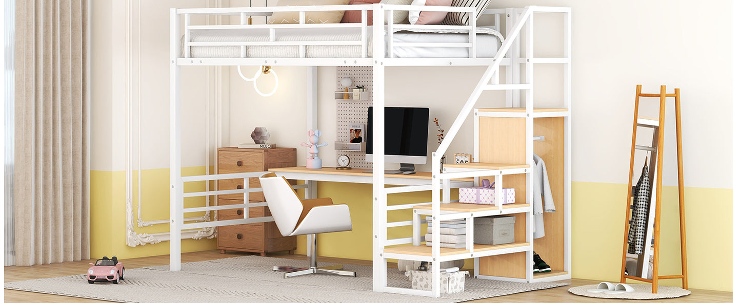 Full Size Metal Loft Bed with Desk, Storage Staircase and Small Wardrobe, Storage stairs can be installed left and right, White