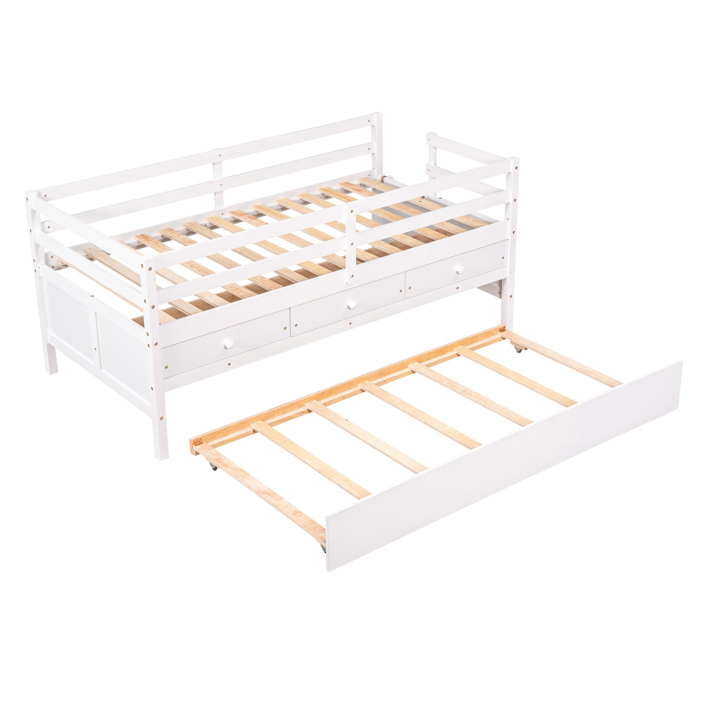 Low Loft Bed Twin Size with Full Safety Fence, Climbing ladder, Storage Drawers and Trundle White Solid Wood Bed