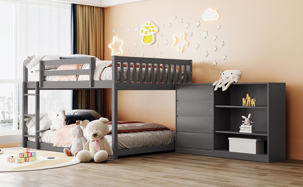 Full over Full Bunk Bed with 4 Drawers and 3 Shelves-Gray