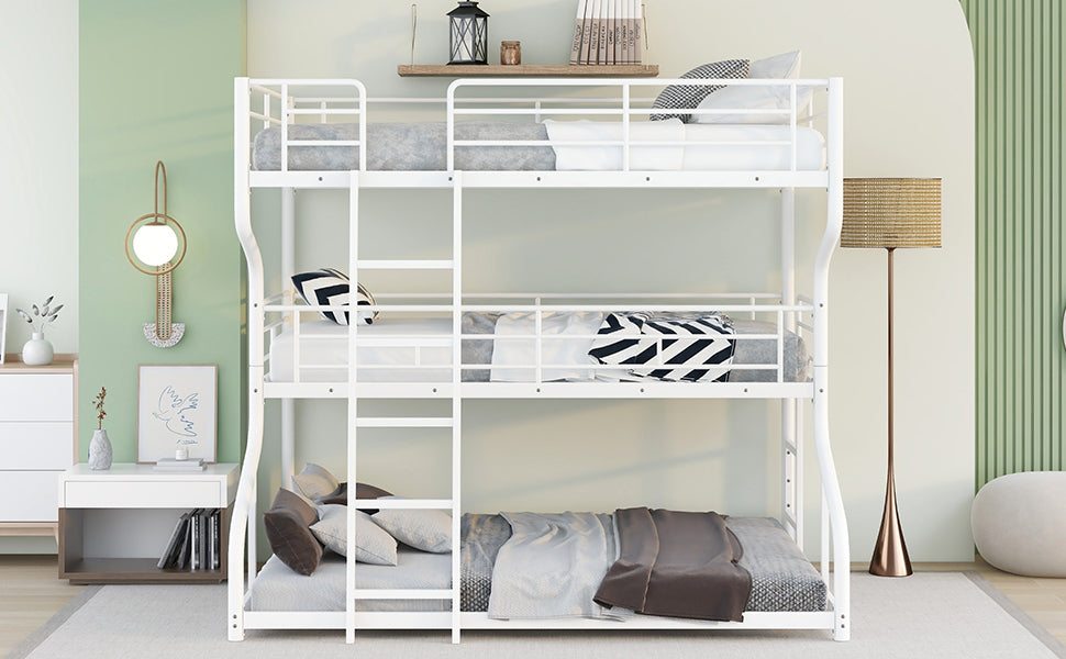 Full XL over Twin XL over Queen Size Triple Bunk Bed with Long and Short Ladder,White
