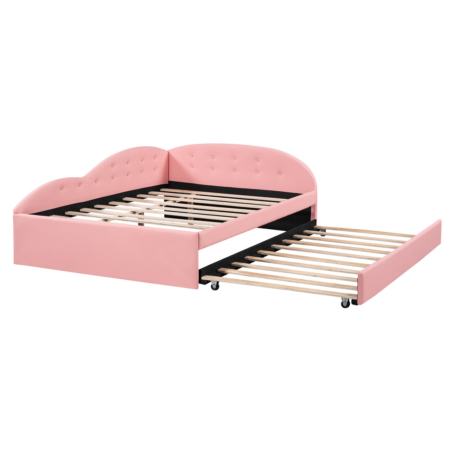 Full Size PU Upholstered Tufted Daybed with Trundle and Cloud Shaped Guardrail, Pink