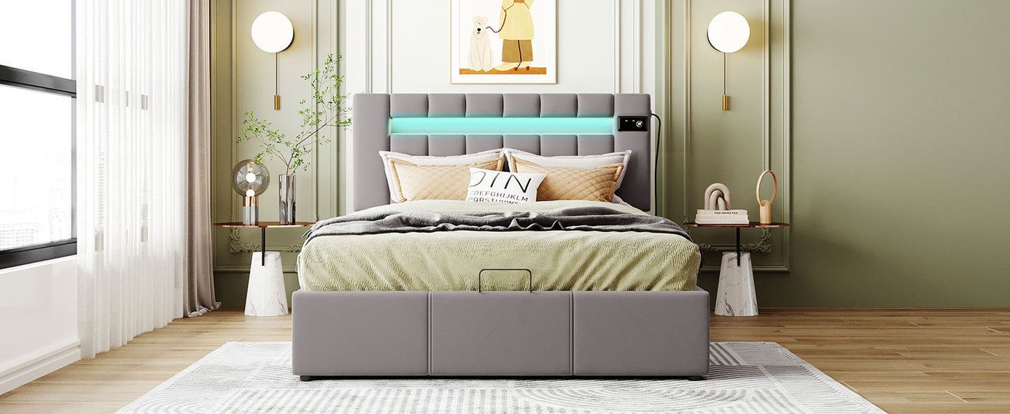 Full Size Upholstered Platform Bed with LED light, Bluetooth Player and USB Charging, Hydraulic Storage Bed in Gray Velvet Fabric