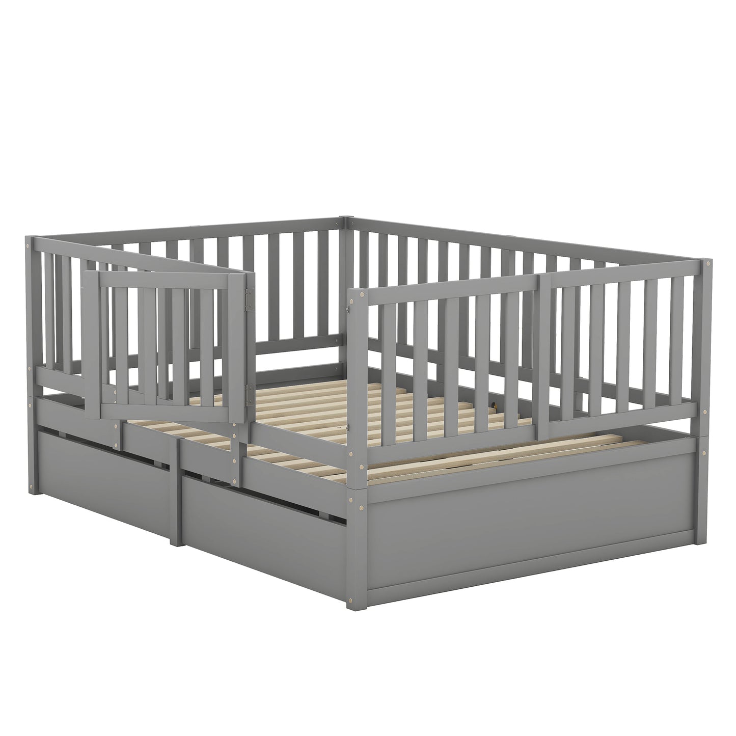 Full Size Wood Daybed with Fence Guardrails and 2 Drawers, Used as Independent Floor Bed & Daybed, Gray