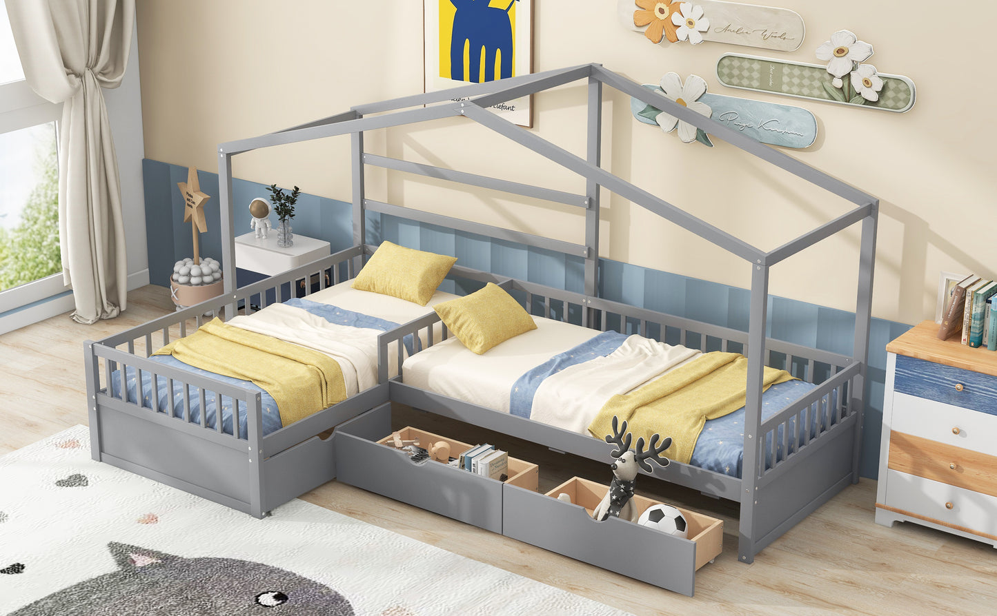 Twin Size House Platform Bed with Three Storage Drawers,Gray