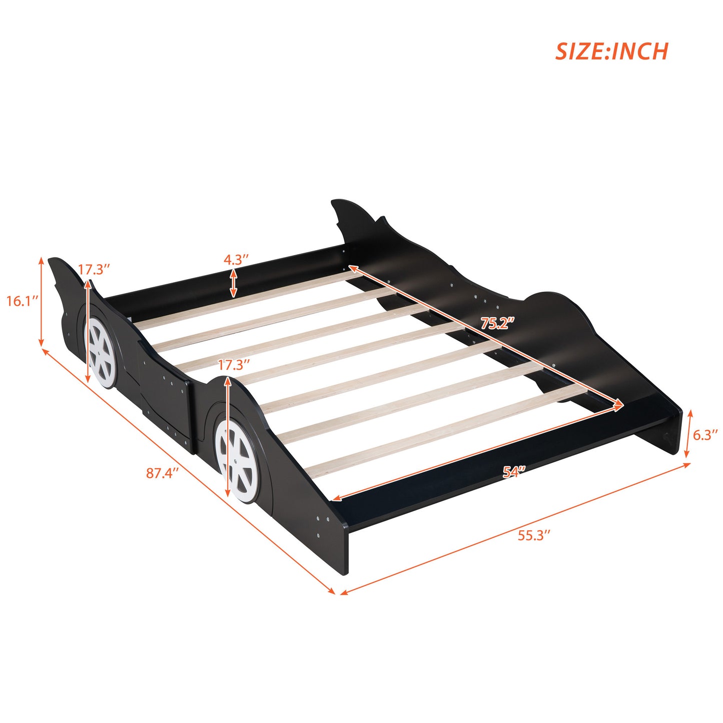 Full Size Race Car-Shaped Platform Bed with Wheels,Black