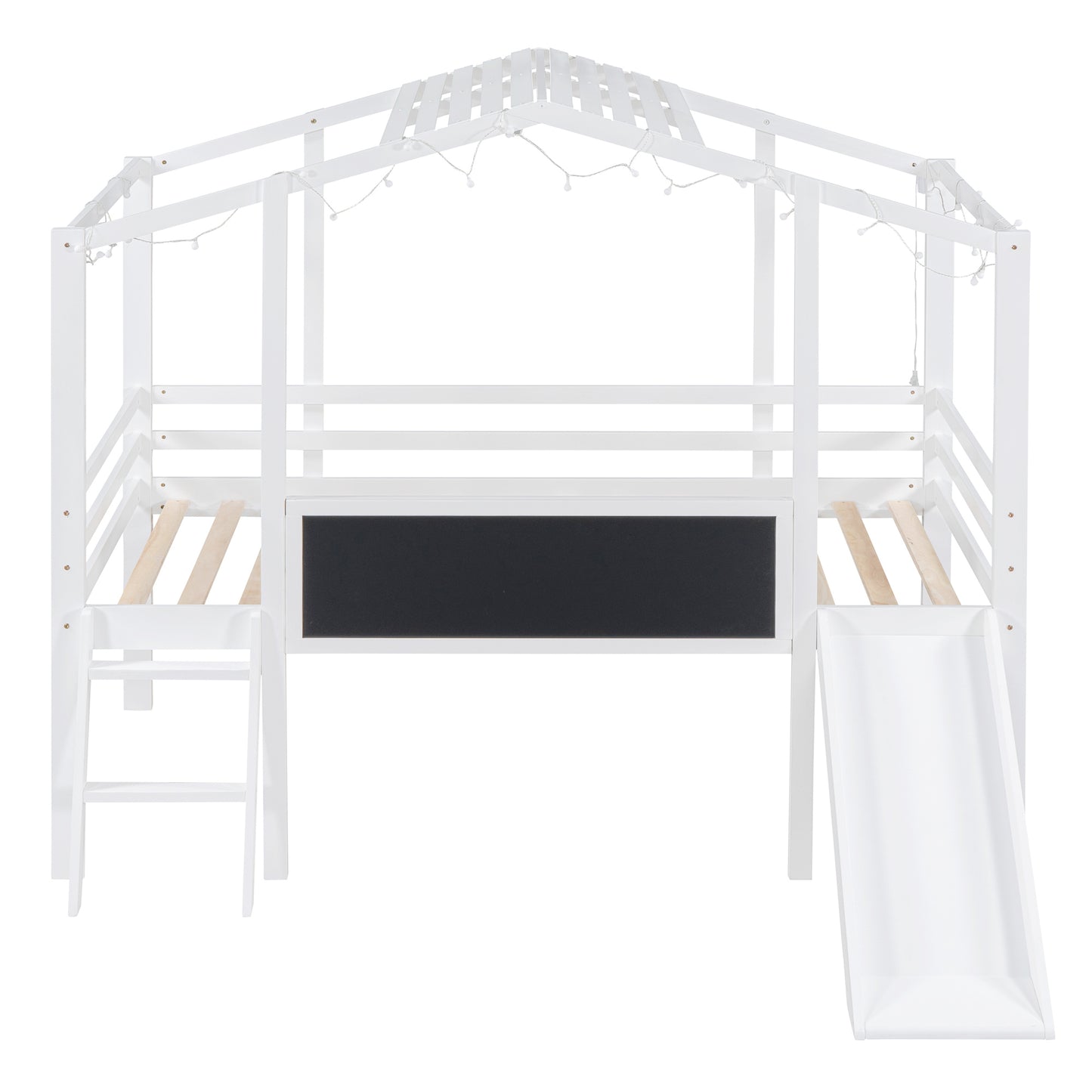 Twin Size Loft Bed with Ladder and Slide, House Bed with Blackboard and Light Strip on the Roof, White
