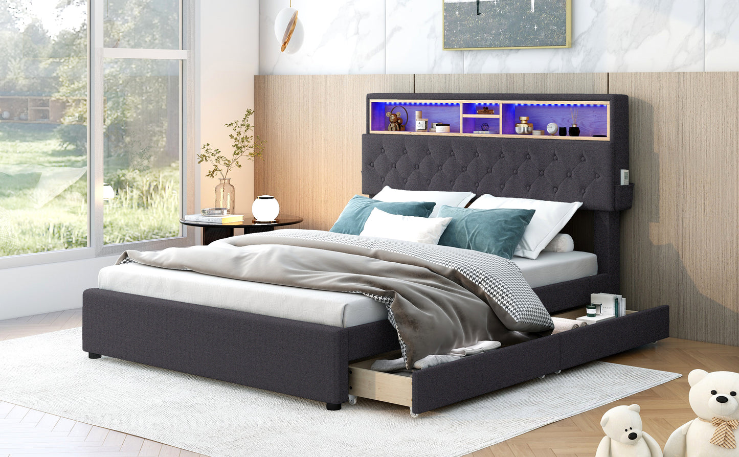 Full Size Upholstered Platform Bed with Storage Headboard, LED, USB Charging and 2 Drawers, Dark Gray