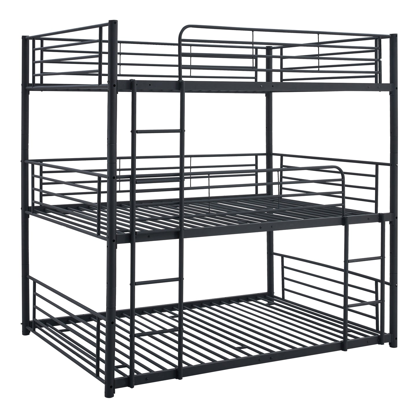 Full-Full-Full Metal Triple Bunk Bed with Built-in Ladder, Divided into Three Separate Beds, Black