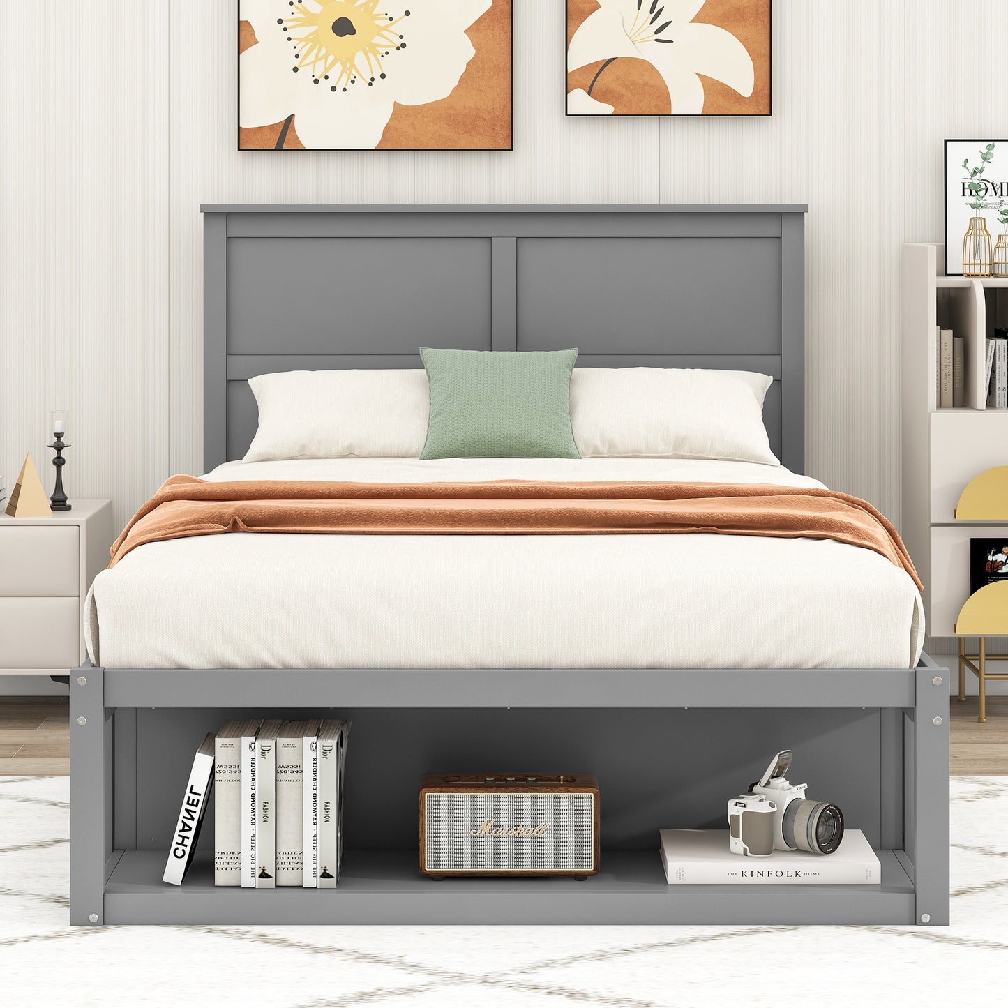 Full Size Platform Bed with Drawer on the Each Side and Shelf on the End of the Bed, Gray