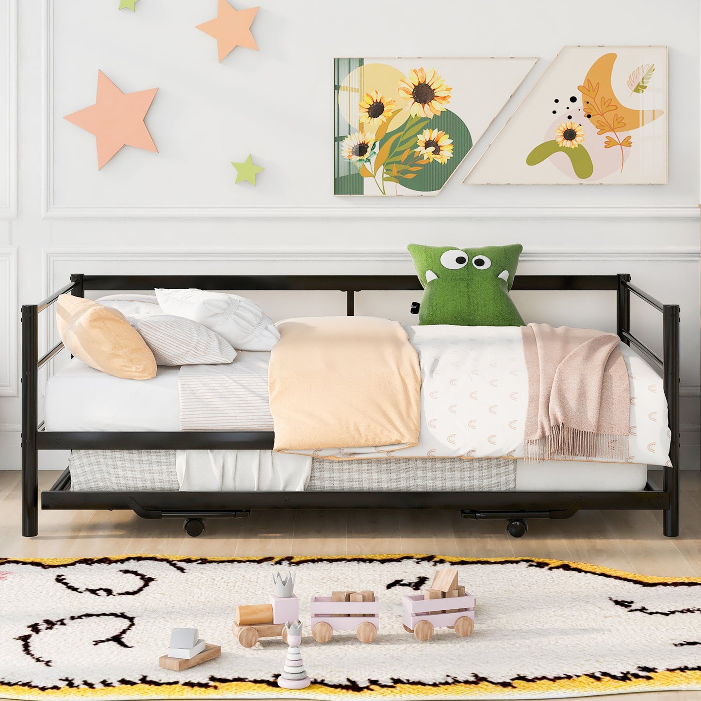 Twin Size Metal Daybed with Adjustable Trundle, Pop Up Trundle, Black