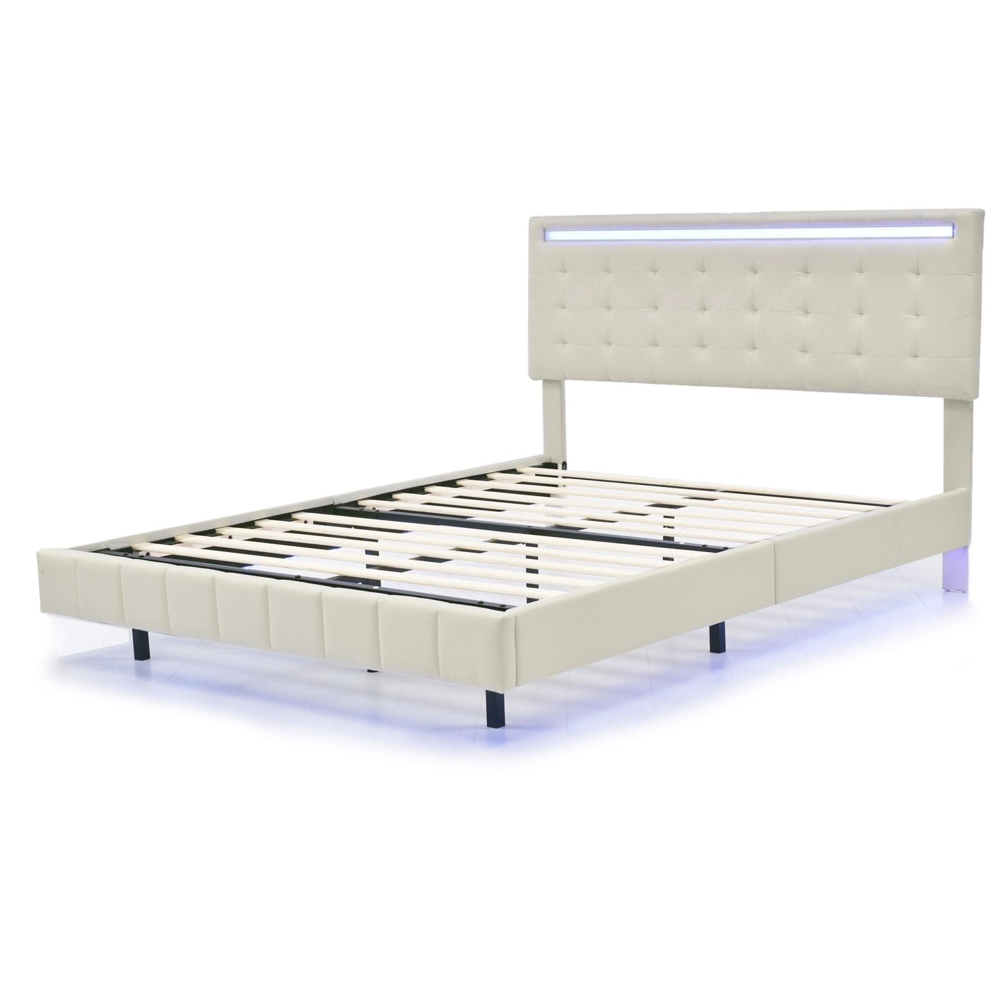 Queen Size Floating Bed Frame with LED Lights and USB Charging,Modern Upholstered Platform LED Bed Frame,Beige
