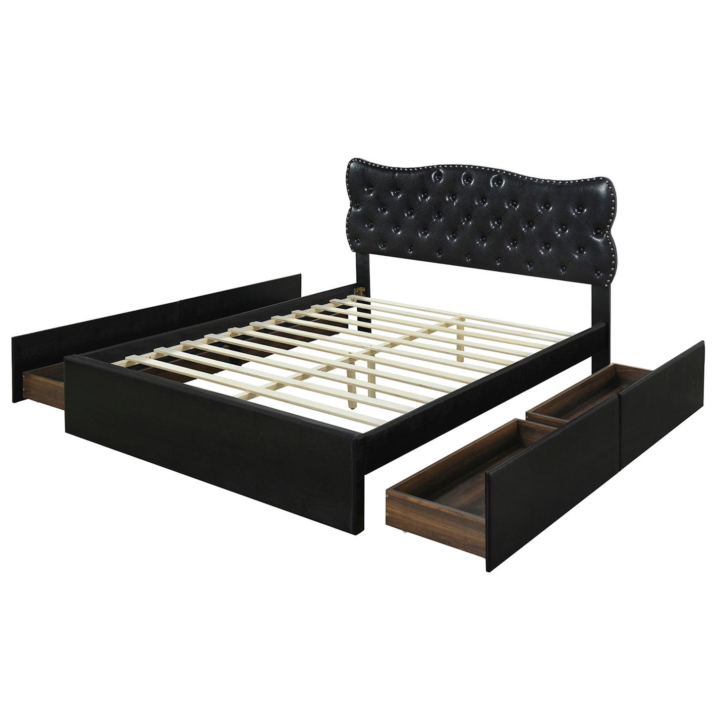 Queen Size Bed Frame with 4 Storage Drawers,Leather Upholstered Platform Heavy Duty Bed,Wood Slat Support,Black