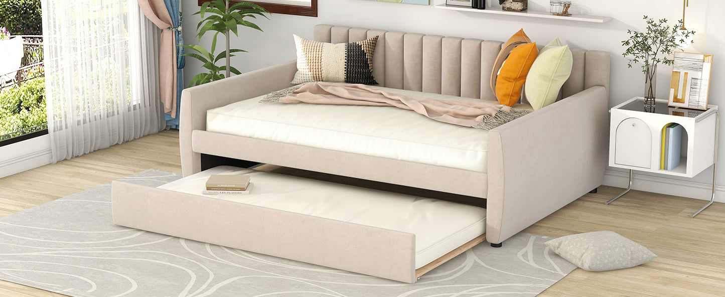 Full Size Upholstered daybed with Trundle and Wood Slat Support, Beige
