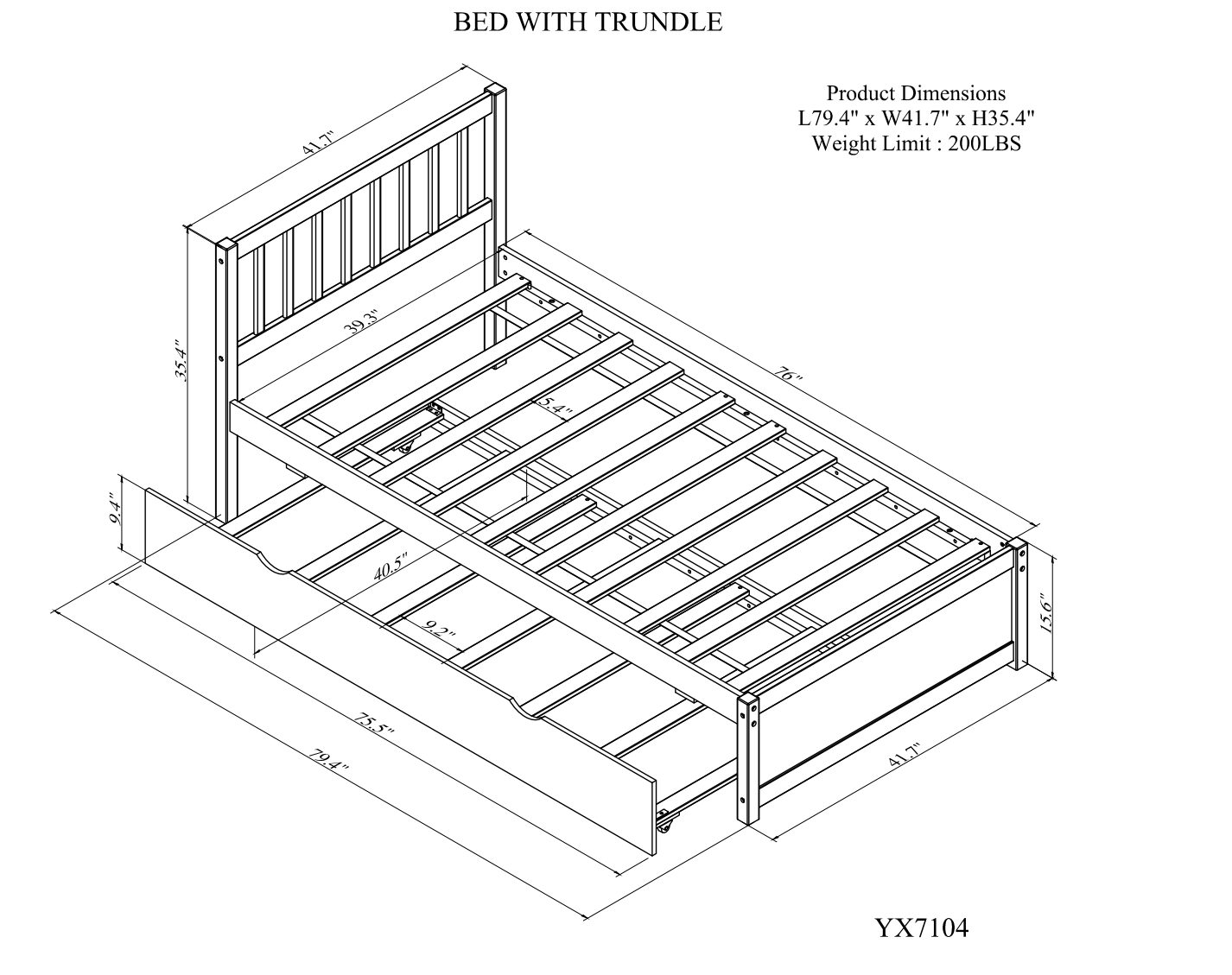 Wooden Twin Size Platform Bed Frame with Trundle for White Washed Color