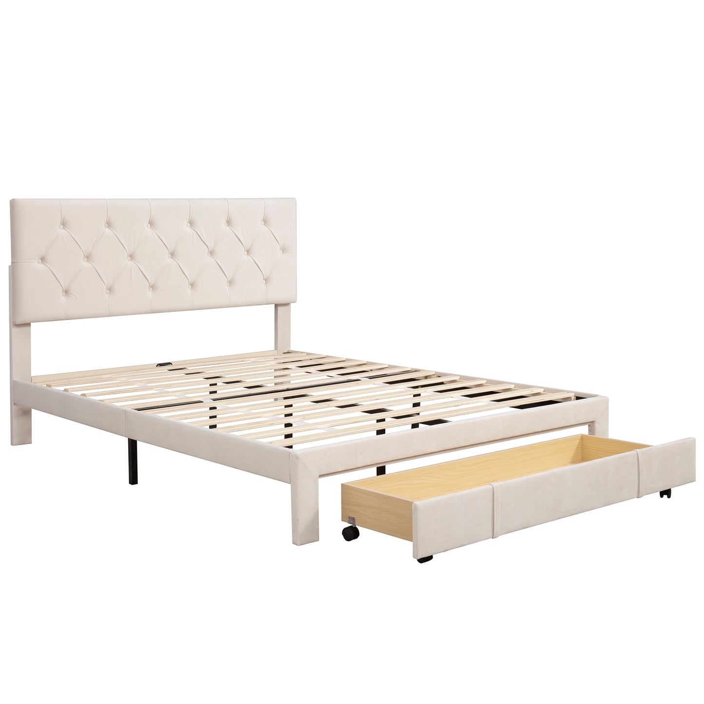 Queen Size Storage Bed Velvet Upholstered Platform Bed with a Big Drawer - Beige