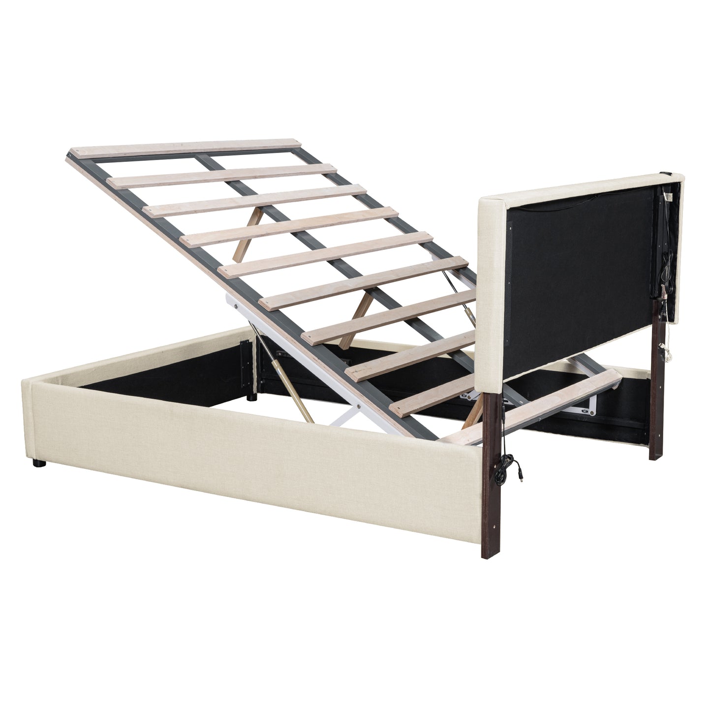 Full Size Platform Upholstered Bed with Hydraulic Storage System and LED Light, Beige