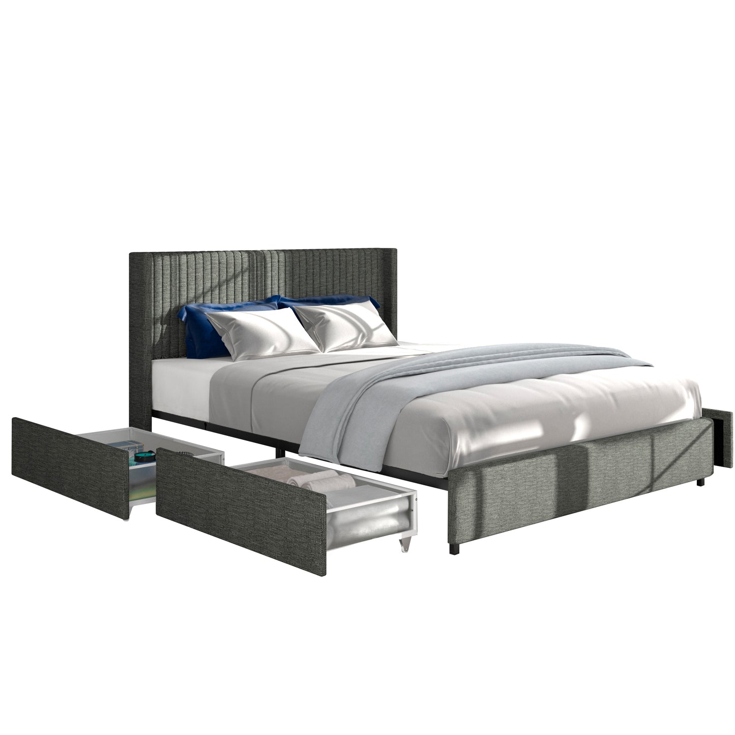 Anna Full Size Gray Velvet Upholstered Wingback Platform Bed with Patented 4 Drawers Storage, Modern Design Headboard with Tight Channel, Wooden Slat Mattress Support No Box Spring Needed