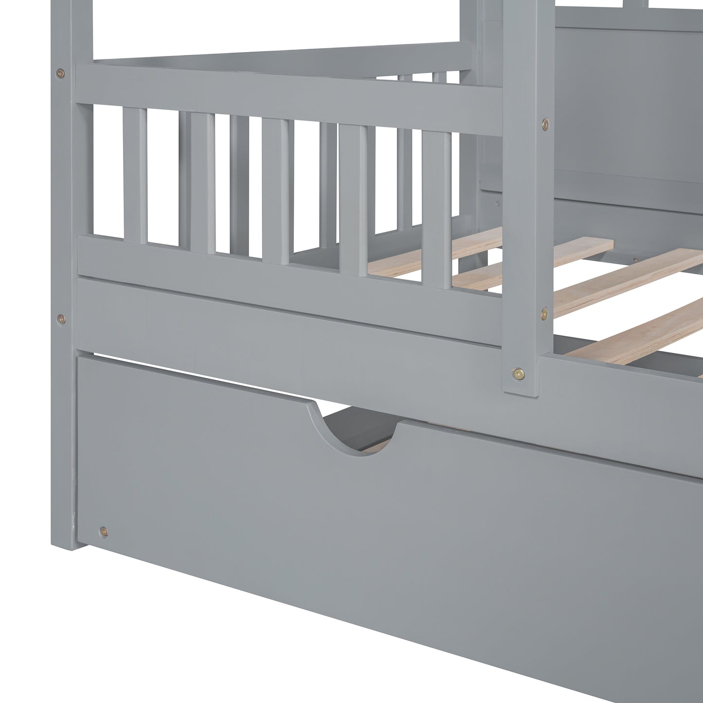 Twin Size Wood House Platform Bed With Twin Size Trundle, Gray