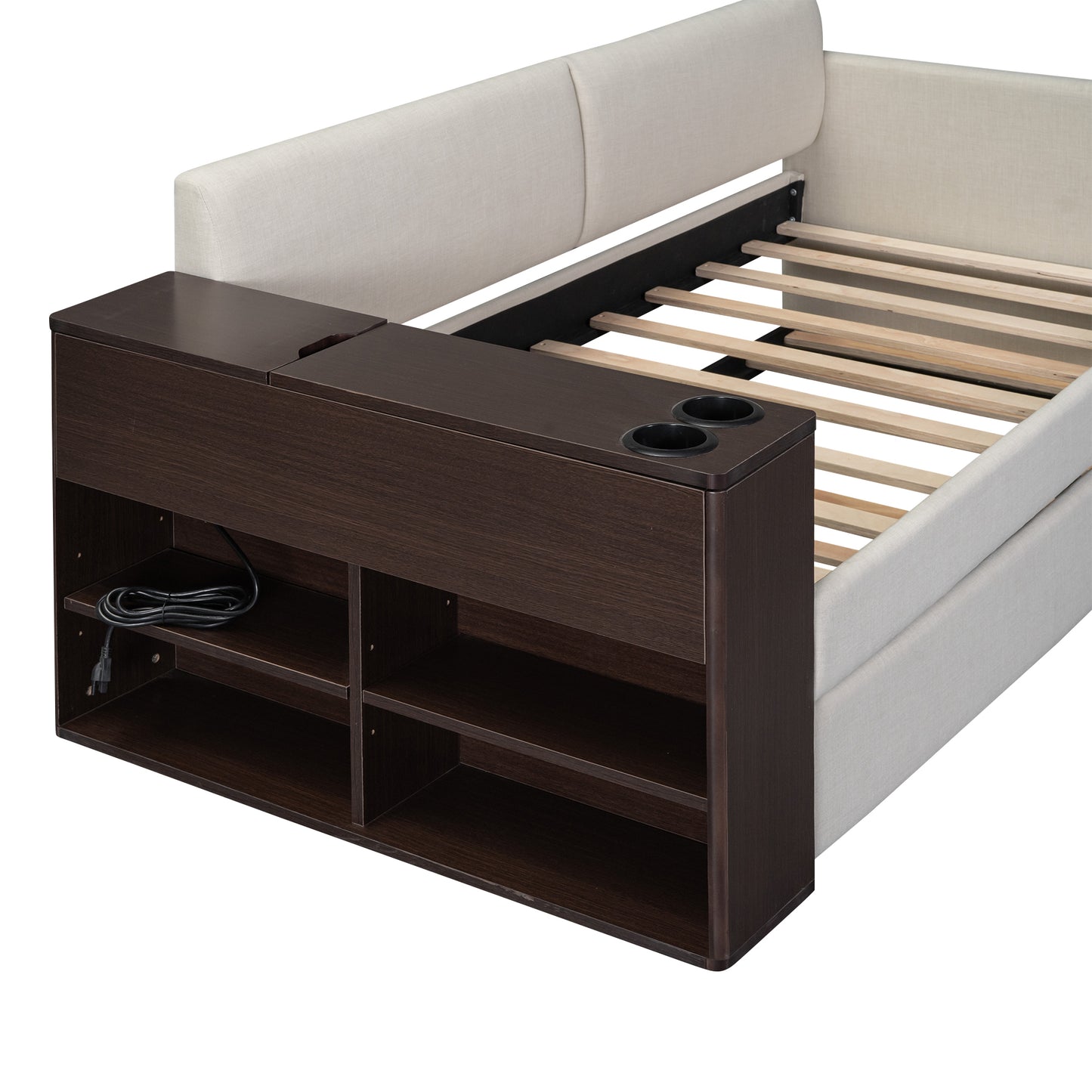 Twin Size Upholstery Daybed with Storage Arm, Trundle, Cup Holder and USB Design, Beige