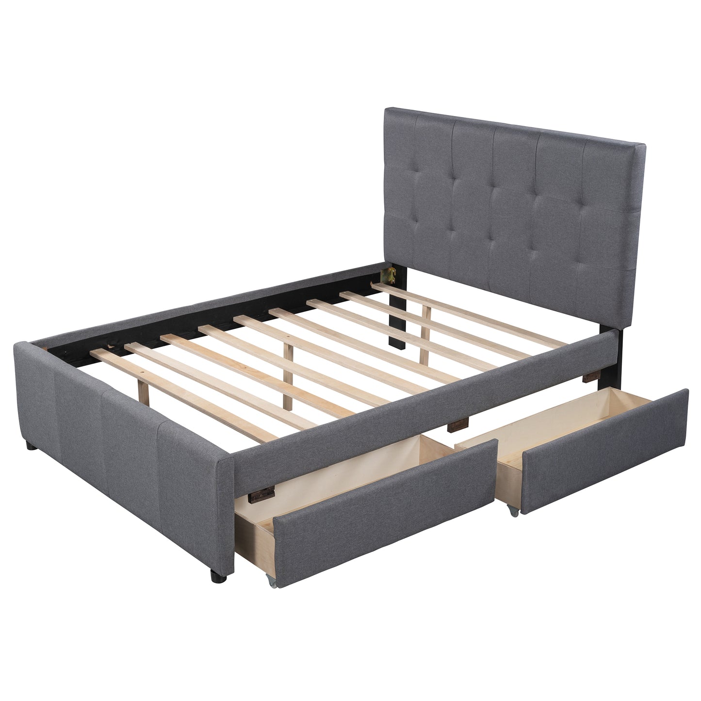 Linen Upholstered Platform Bed With Headboard and Two Drawers, Full