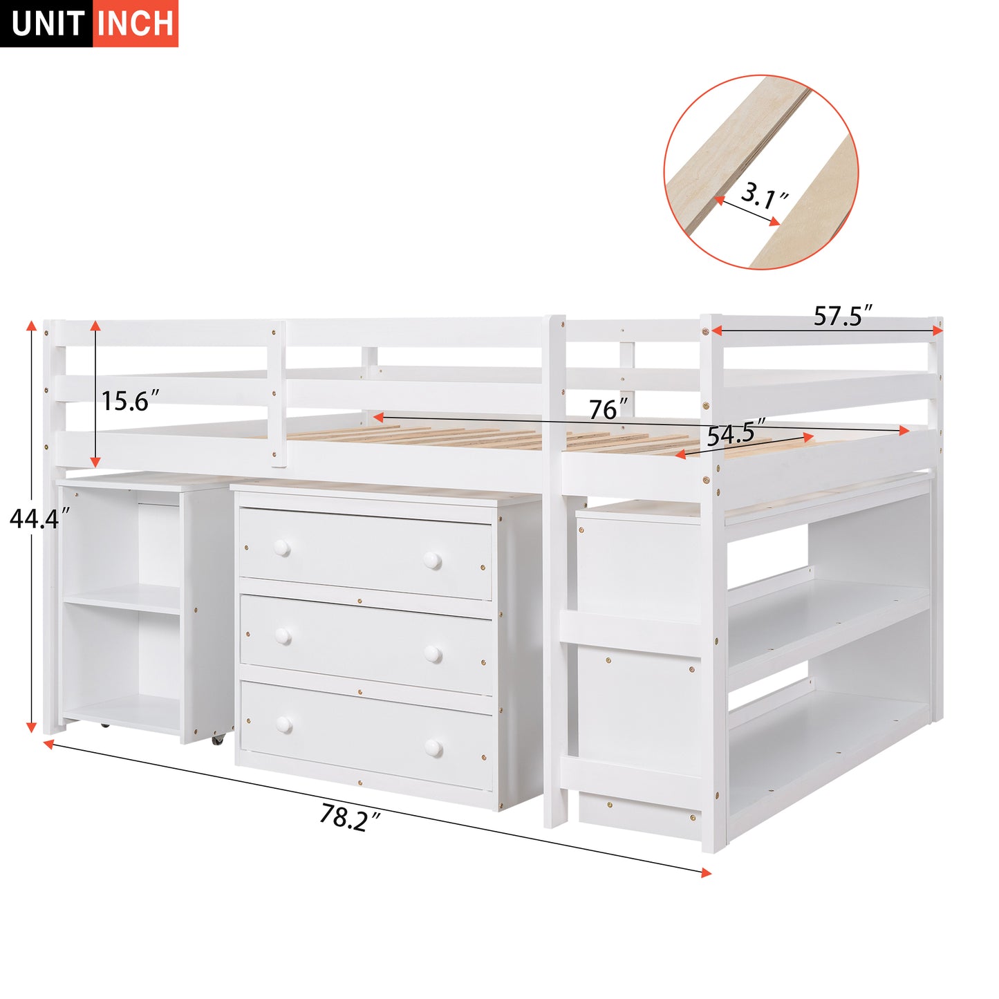 Low Study Full Loft Bed with Cabinet ,Shelves and Rolling Portable Desk ,Multiple Functions Bed- White