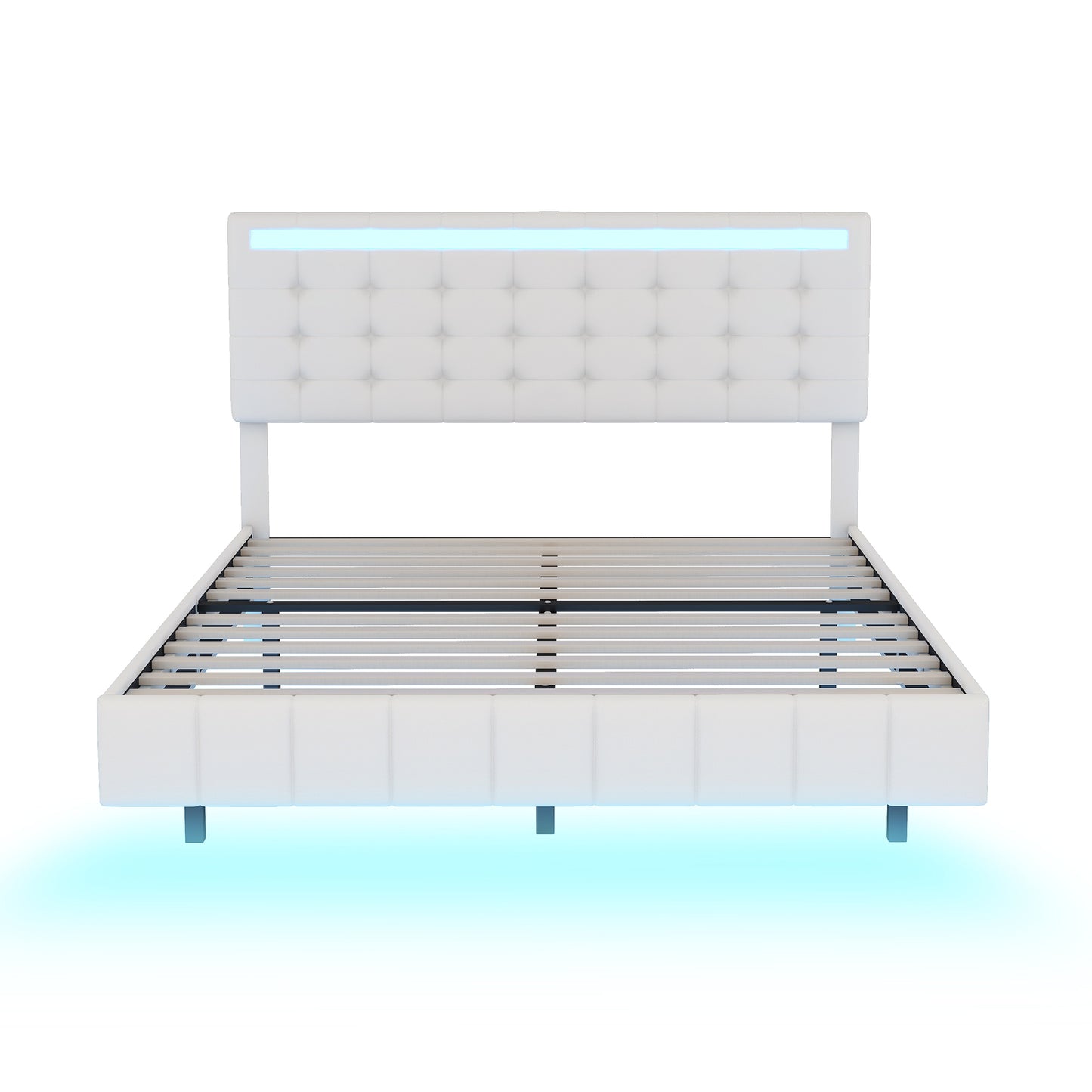 Queen Size Floating Bed Frame with LED Lights and USB Charging,Modern Upholstered Platform LED Bed Frame,White