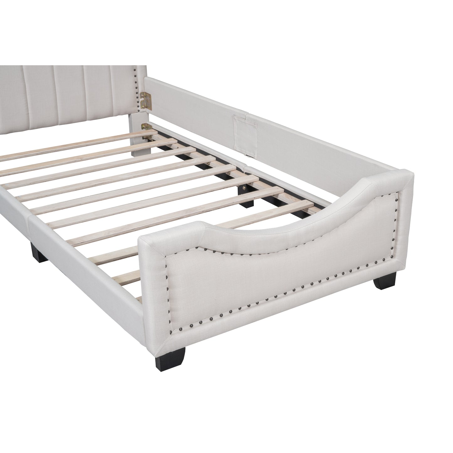 Twin Size Upholstered Platform Bed with Nailhead Trim Decoration and Guardrail, Beige