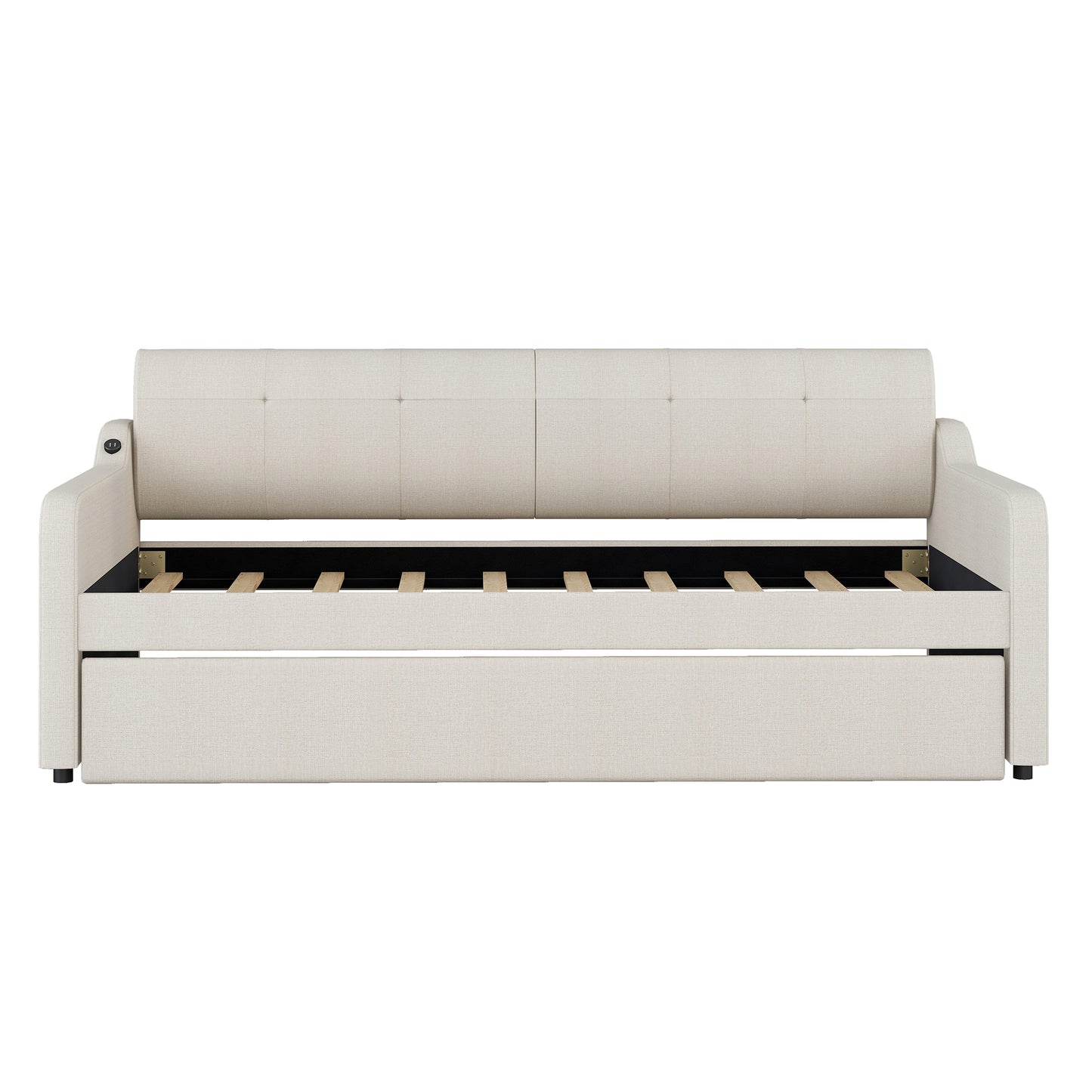 Twin Size Upholstery Daybed with Trundle and USB Charging Design,Trundle can be flat or erected,Beige