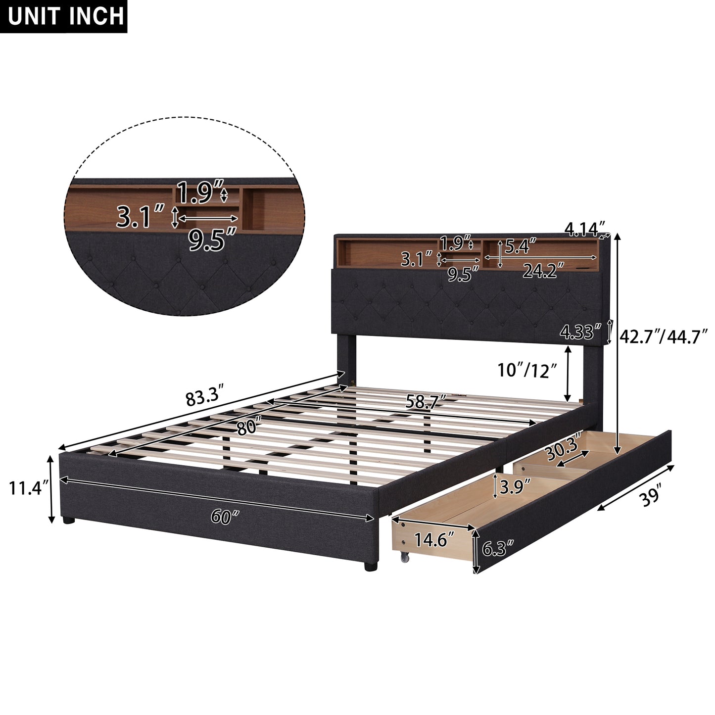 Queen Size Upholstered Platform Bed with Storage Headboard, LED, USB Charging and 2 Drawers, Dark Gray