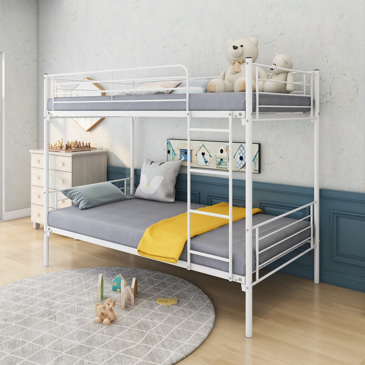 Twin-Over-Twin Bunk Bed with Metal Frame and Ladder, Space-Saving Design,White