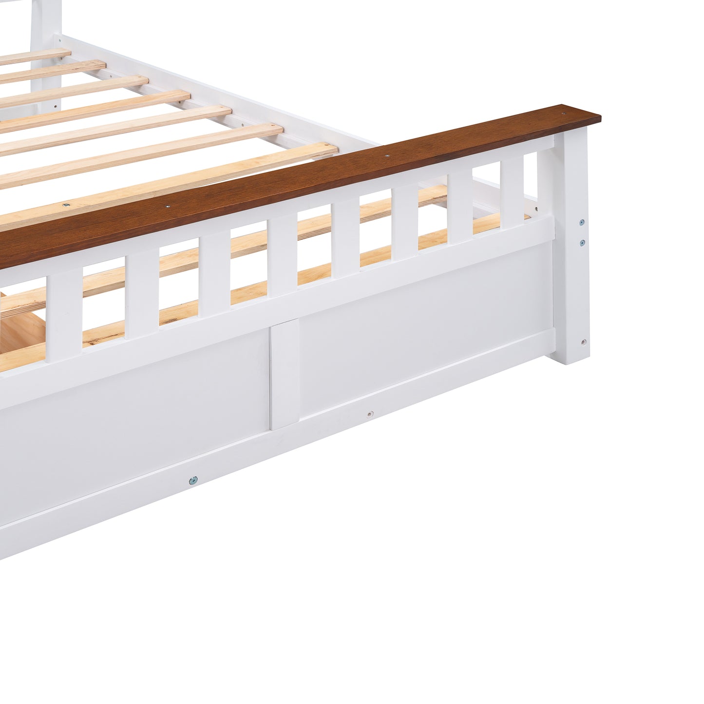 Full Size Wood Platform Bed with Two Drawers and Wooden Slat Support,White+walnut