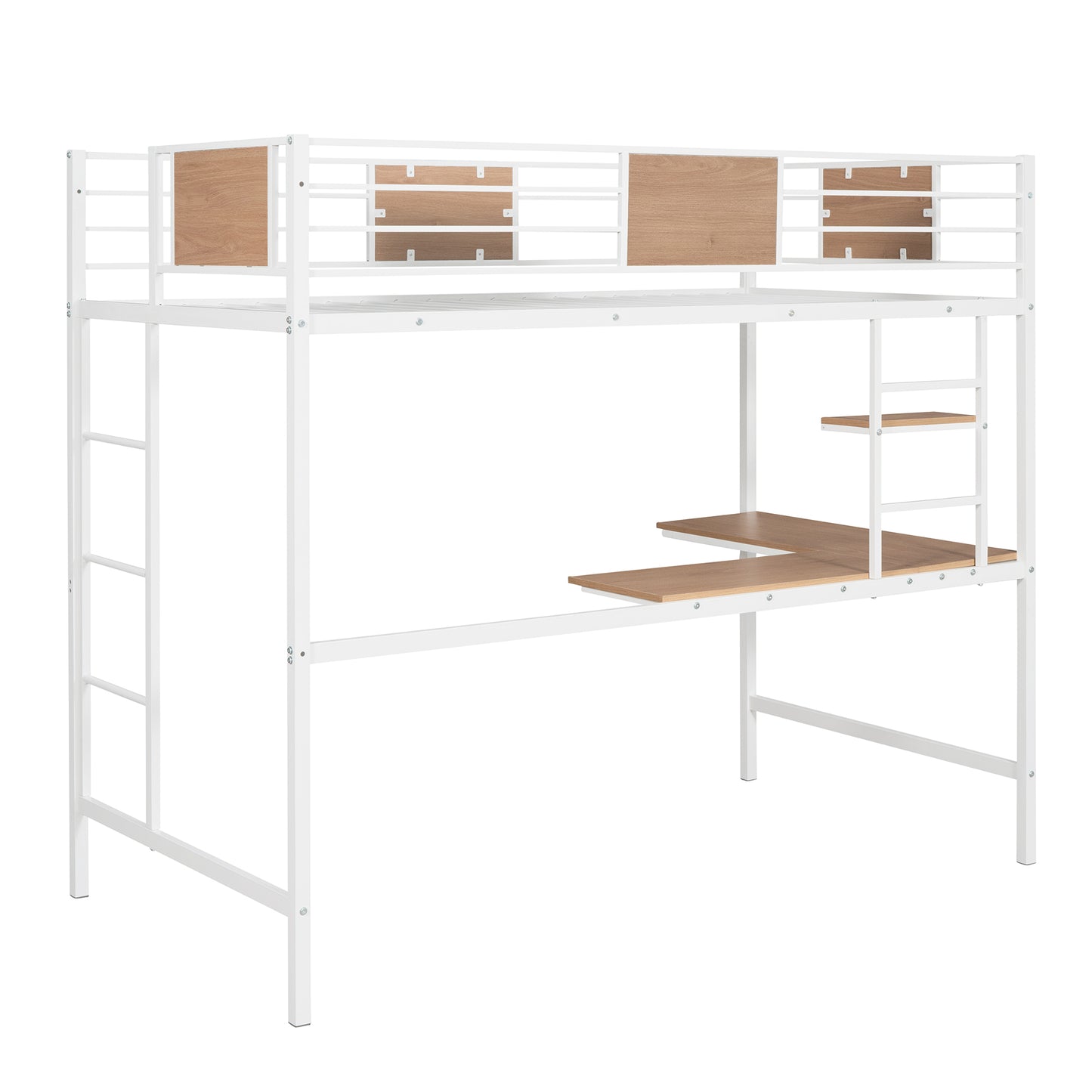 Twin Metal Loft Bed with Desk and Shelve,White