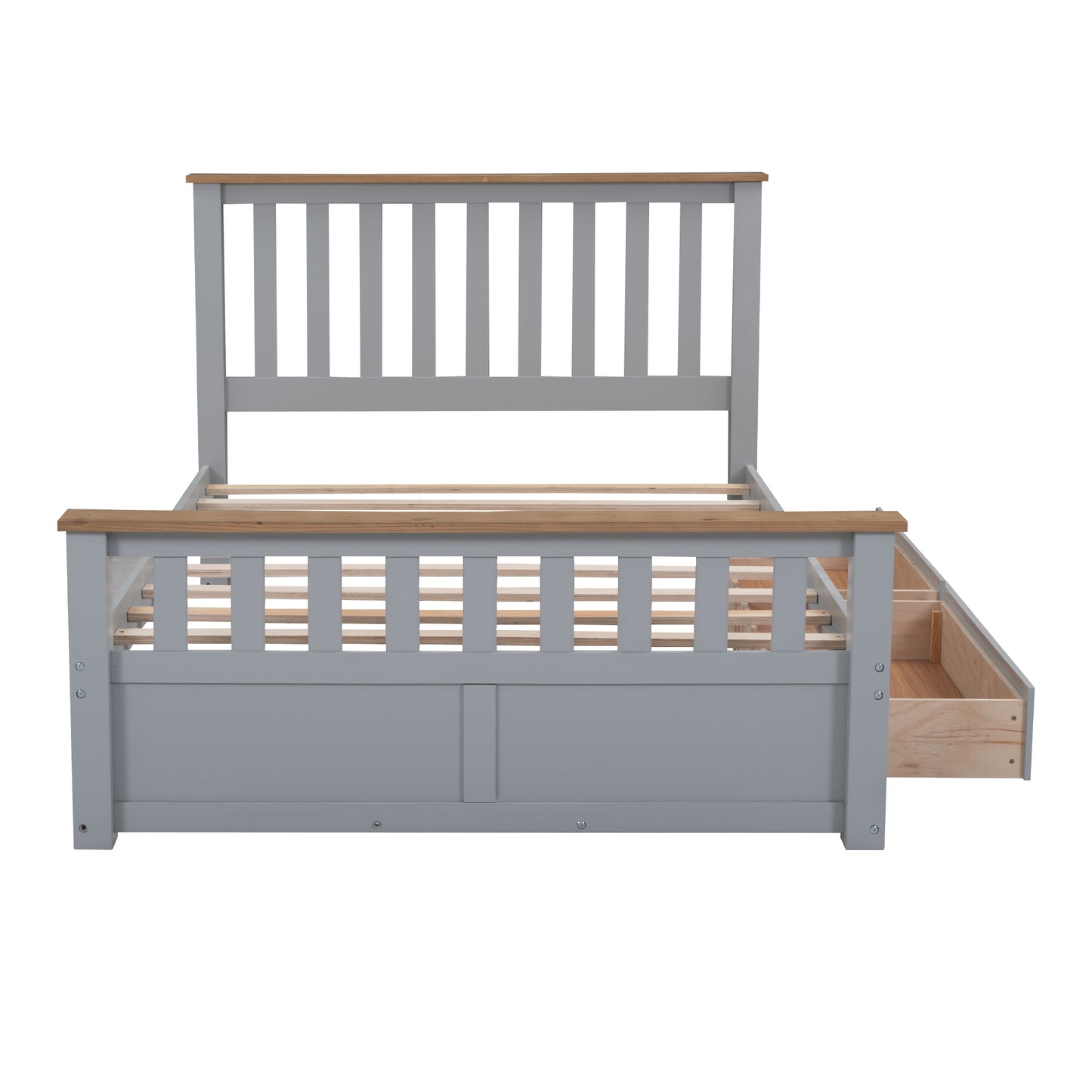 Full Size Wood Platform Bed with Two Drawers and Wooden Slat Support,Gray+Natrual