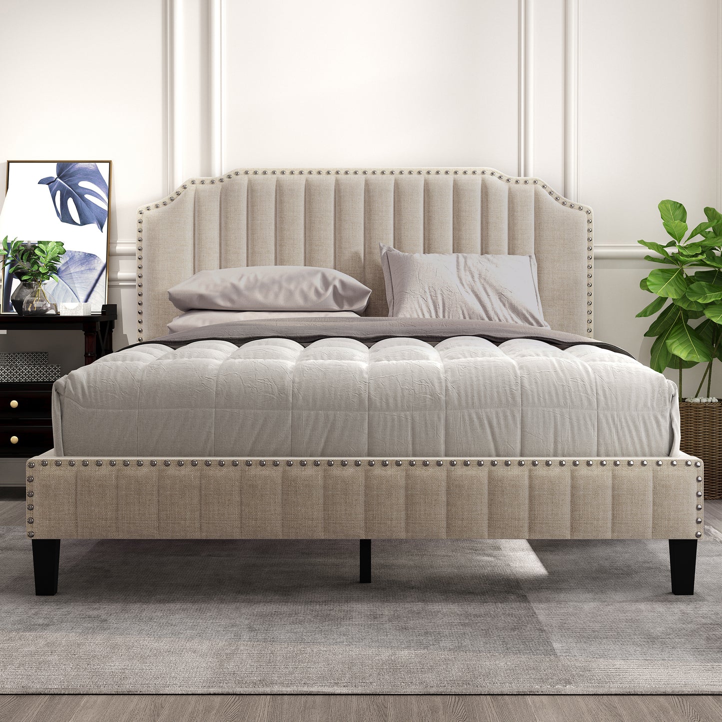 Modern Linen Curved Upholstered Platform Bed , Solid Wood Frame , Nailhead Trim, Beige (Queen)