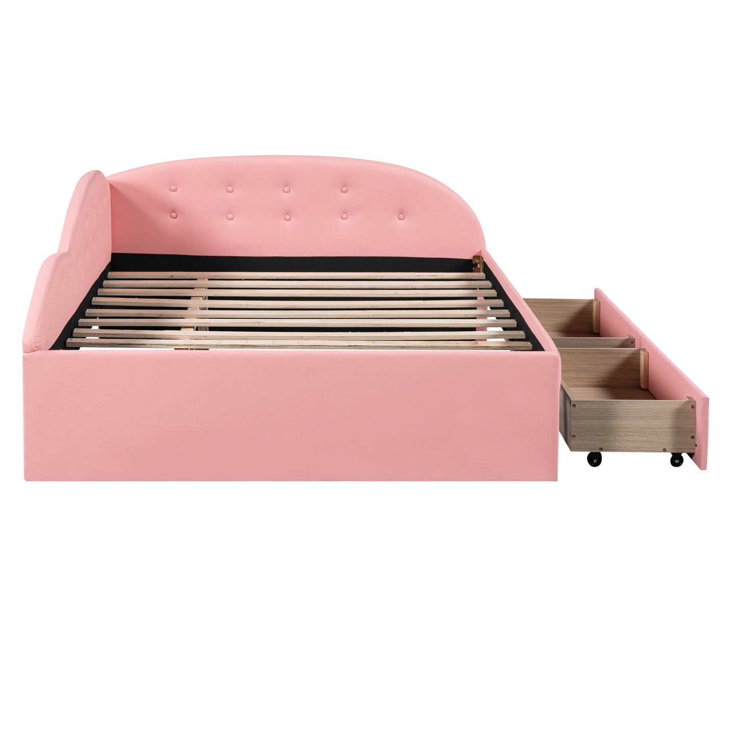 Full Size PU Upholstered Tufted Daybed with Two Drawers and Cloud Shaped Guardrail, Pink