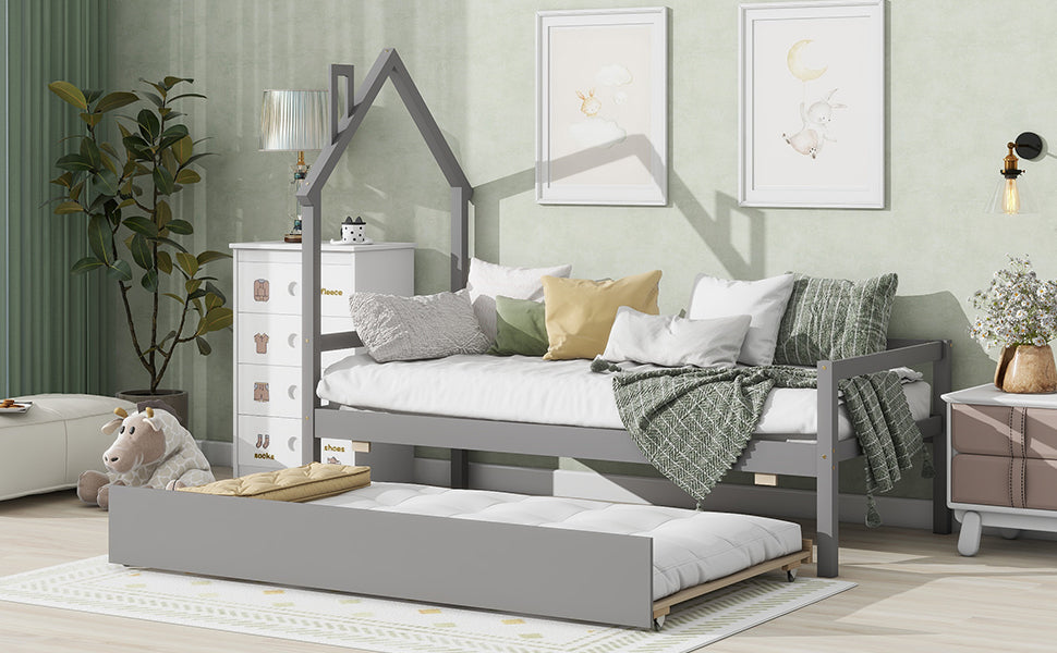 Twin Wooden Daybed with trundle, Twin House-Shaped Headboard  bed with Guardrails,Grey