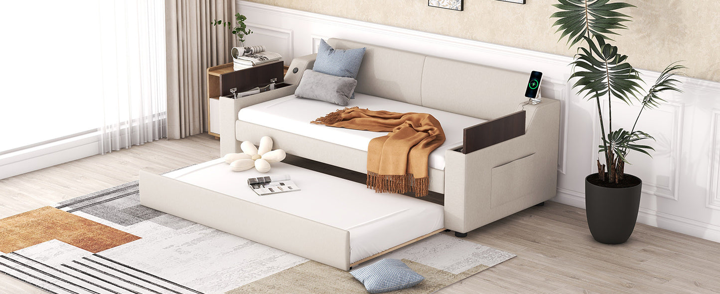 Twin Size Upholstery Daybed with Storage Arms, Trundle and USB Design, Beige