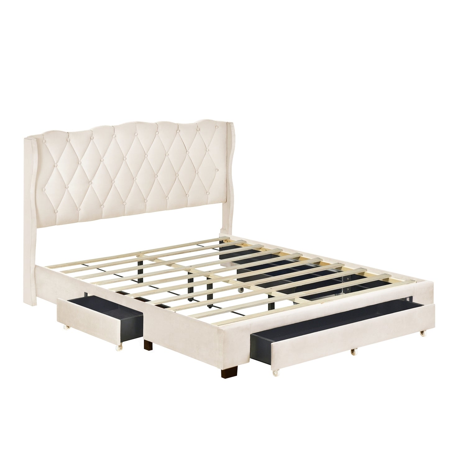 Upholstered Platform Bed with Tufted Headboard and 3 Drawers, No Box Spring Needed, Velvet Fabric, Queen Size Beige