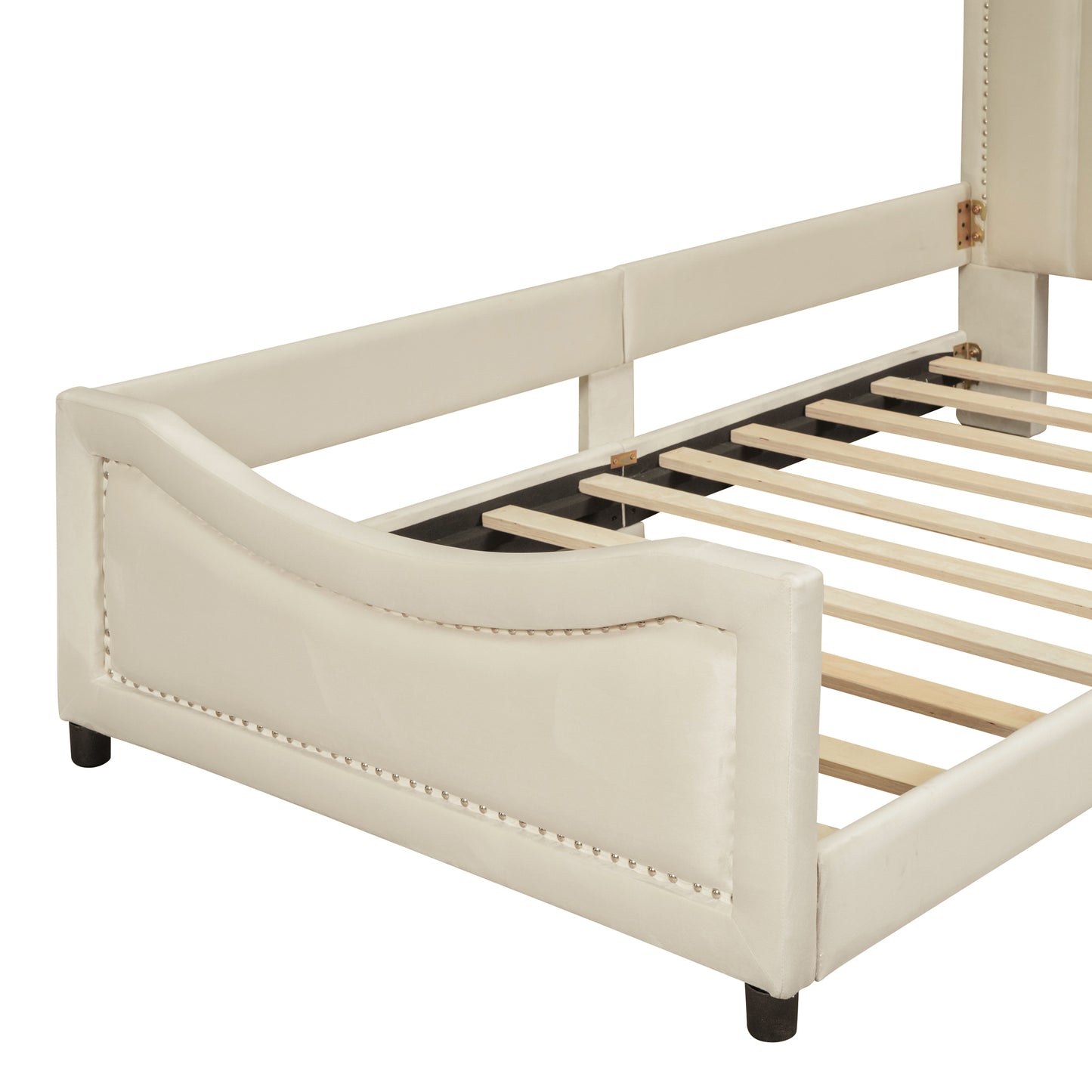 Twin Size Upholstered Daybed with Classic Stripe Shaped  Headboard, Beige