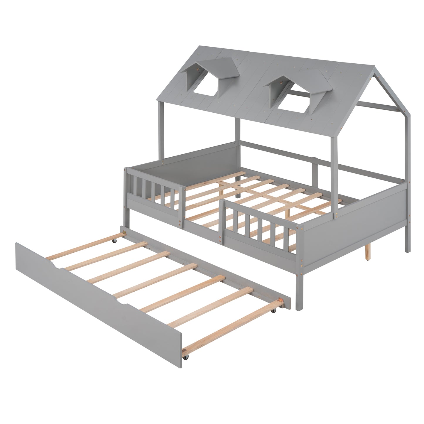 Full Size Wood House Platform Bed with Twin Size Trundle, Gray