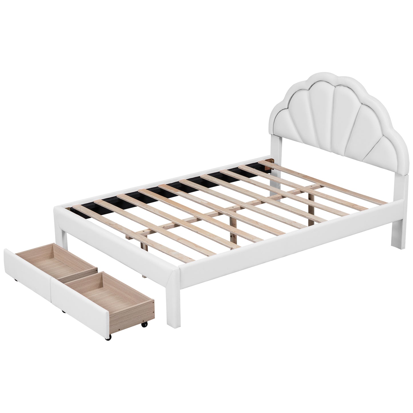 Full Size Upholstered Platform Bed with Seashell Shaped Headboard, LED and 2 Drawers, White