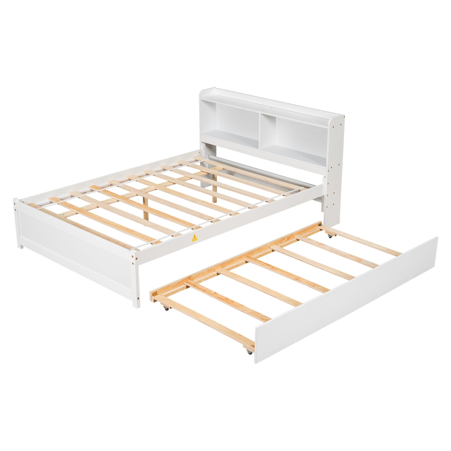 Full Platform Bed with Trundle, Bookcase, White
