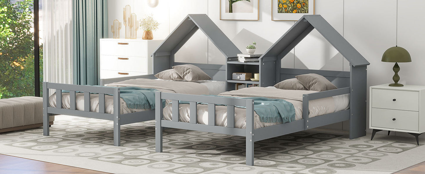 Double Twin Size Platform Bed with House-shaped Headboard and a Built-in Nightstand, Grey