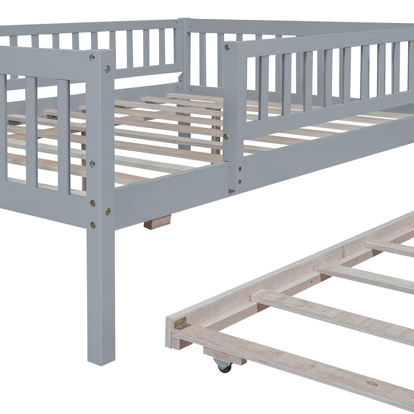 Full Size Wood Daybed with Trundle and Fence Guardrails, Gray