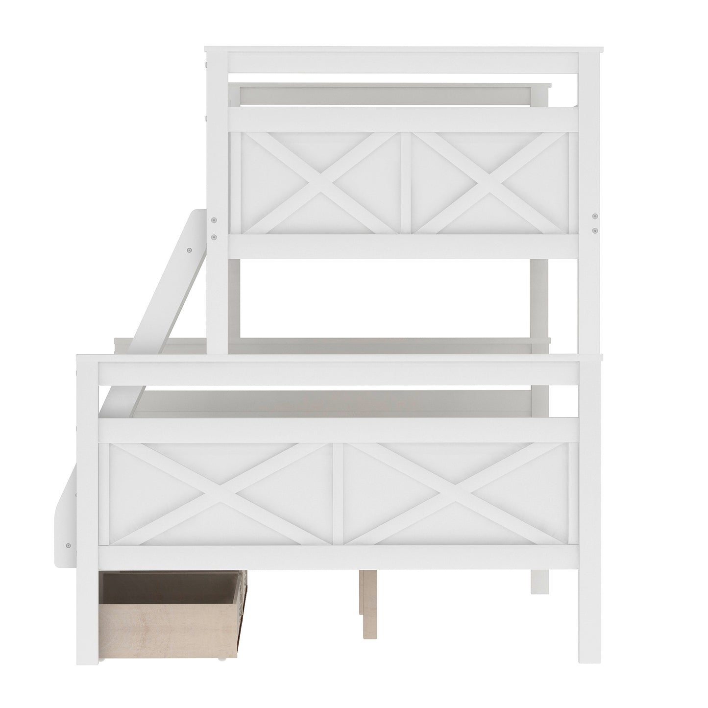 Twin over Full Bunk Bed with Ladder, Two Storage Drawers, Safety Guardrail, White