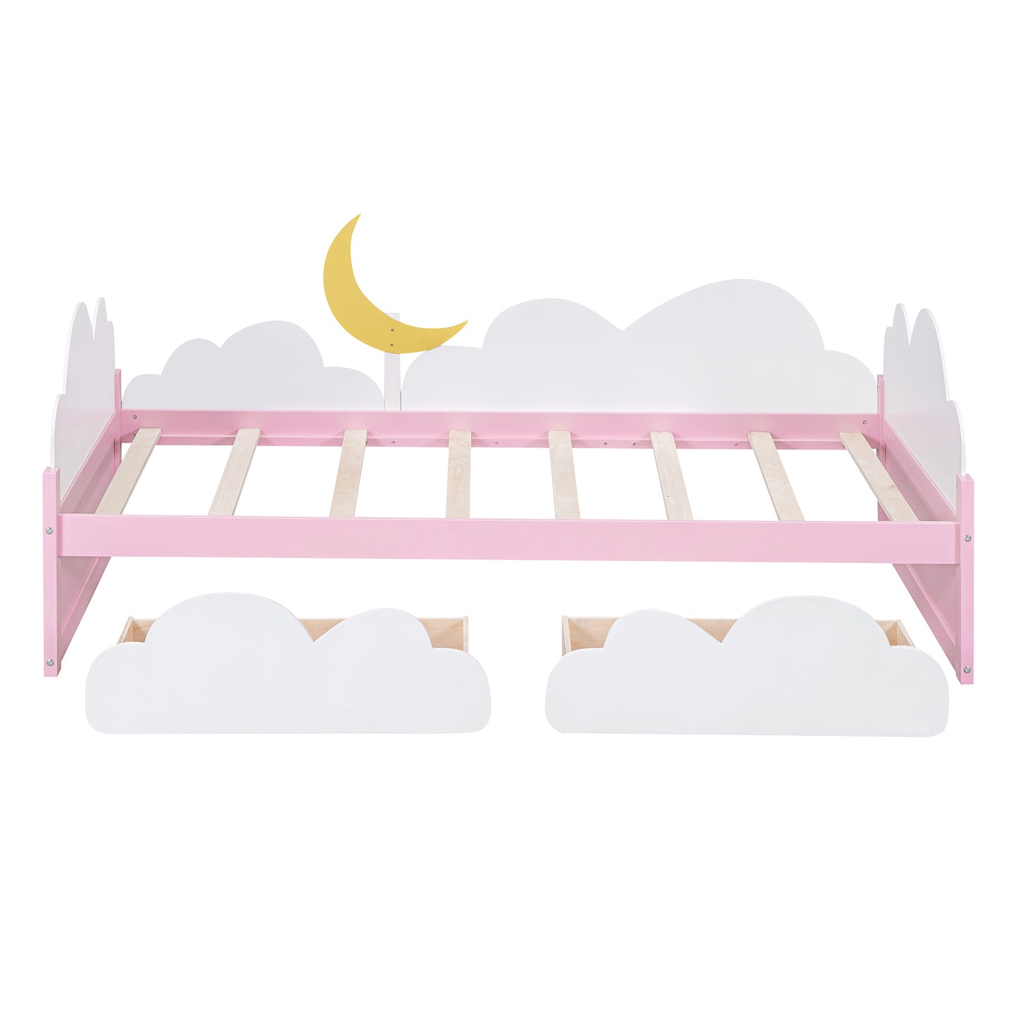 Twin Size Bed with Moon Decor, Platform Bed with 2 Drawers (White+Pink)