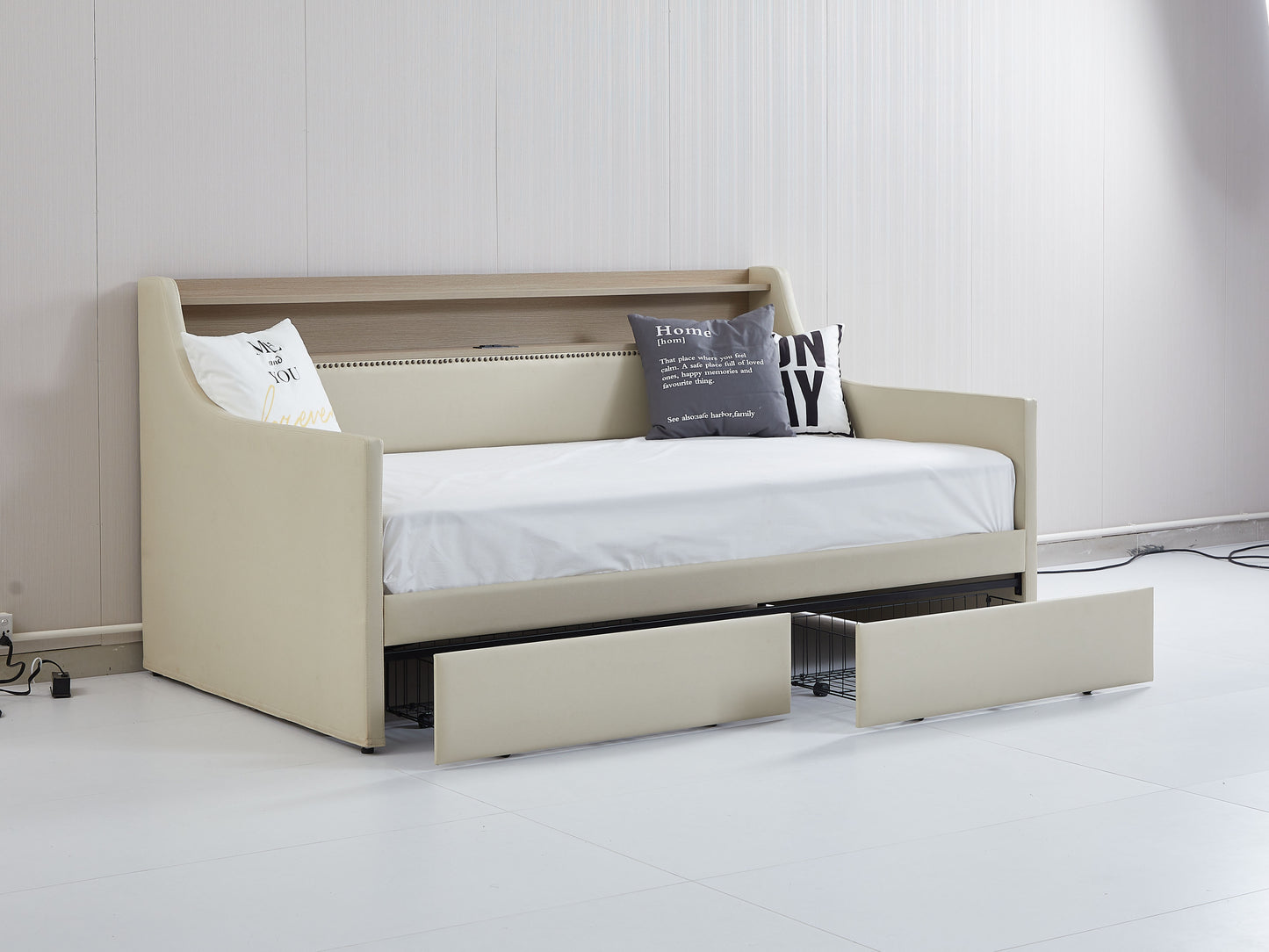 Twin Size Daybed with Storage Drawers, Upholstered Daybed with Charging Station and LED Lights, Beige