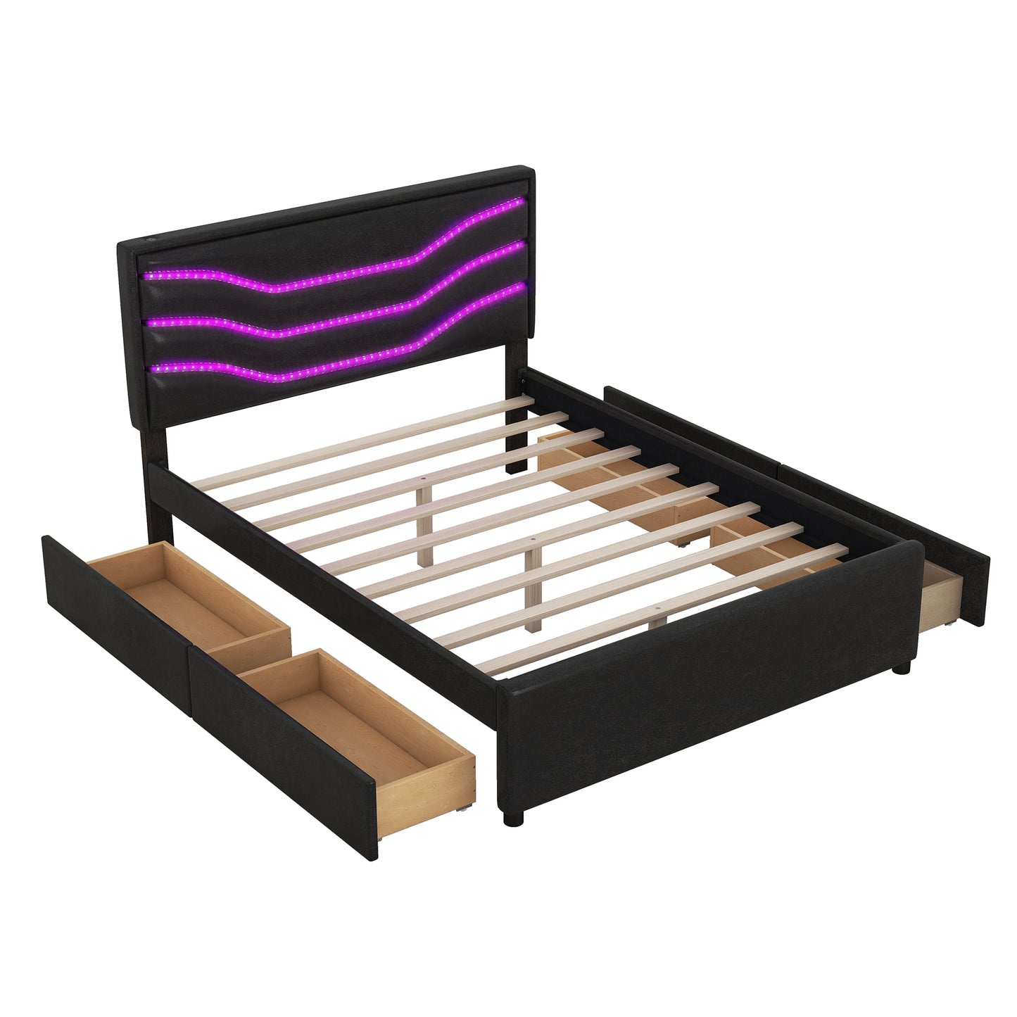 Queen Size Upholstered Storage Platform Bed with LED, 4 Drawers and USB Charging, Black