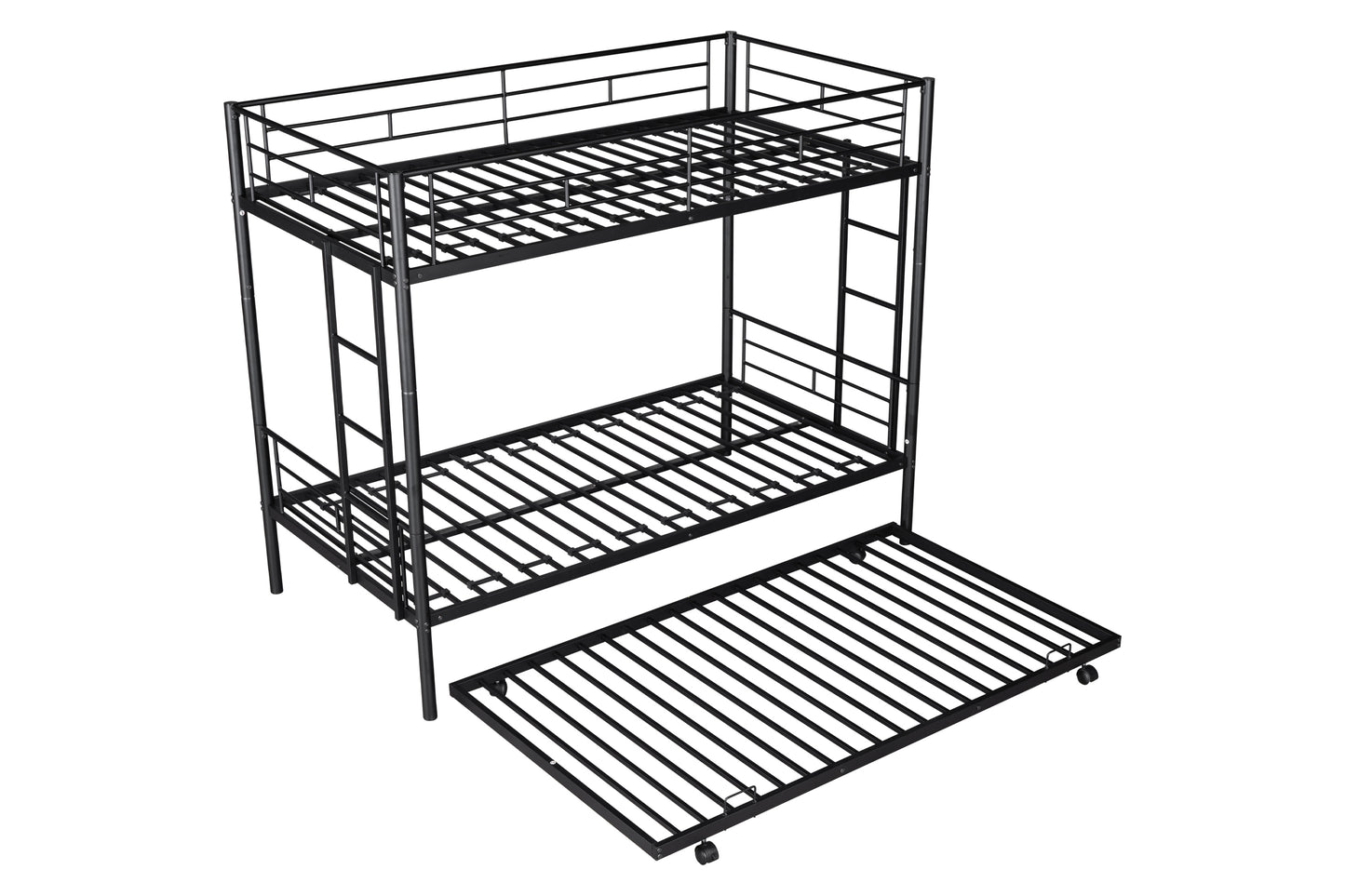 Metal Twin over Twin Bunk Bed with Trundle/Can Be Separated into 2 Twin Beds/ Heavy-duty Sturdy Metal/ Noise Reduced/ Safety Guardrail/ Trundle for Flexible Space/ Bunk Bed for Three/ CPC Certified