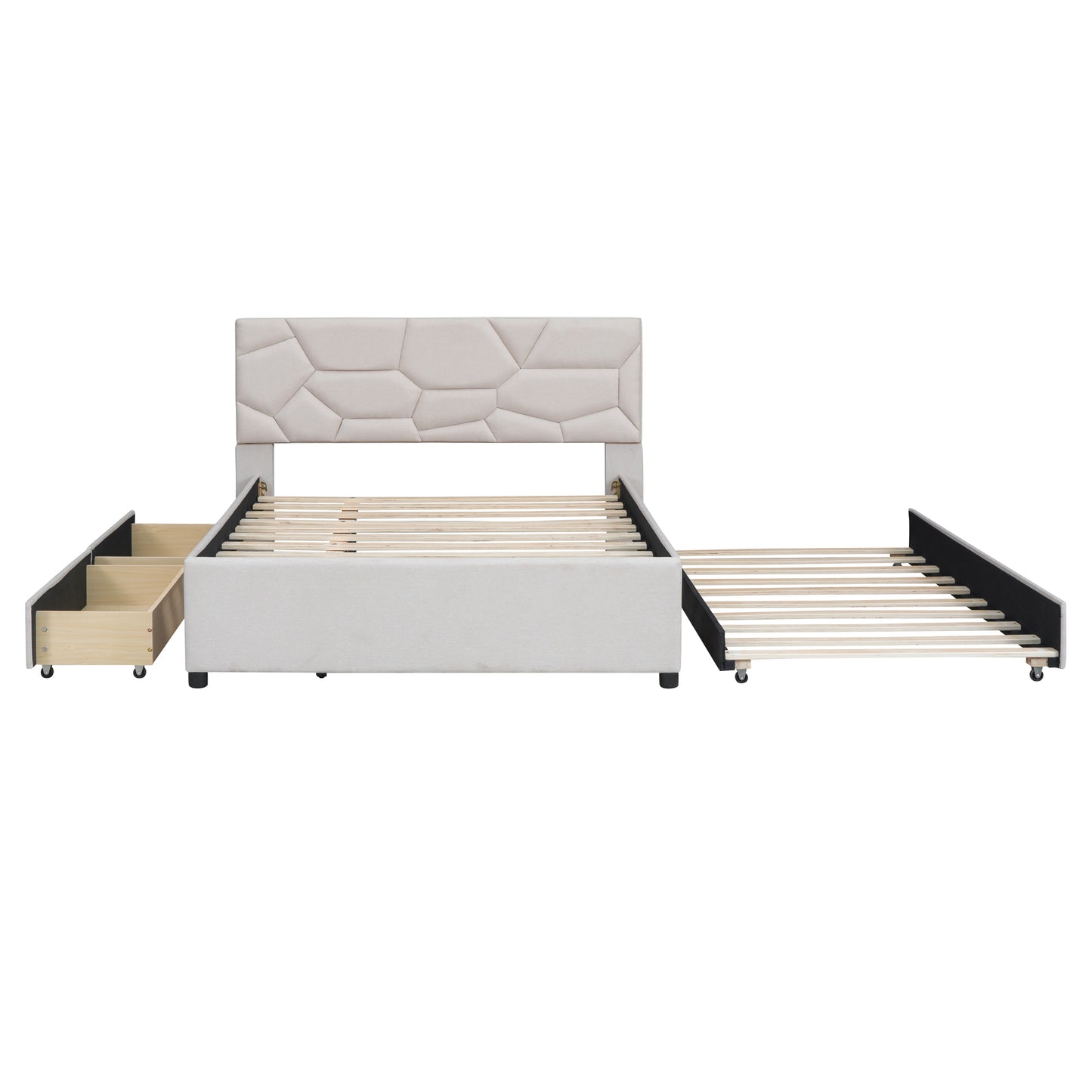 Full Size Upholstered Platform Bed with Brick Pattern Headboard, with Twin Size Trundle and 2 Drawers, Linen Fabric, Beige